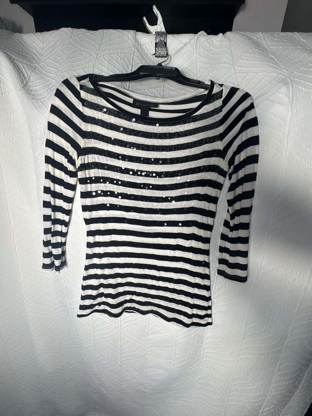 INC International Concepts Black and White Striped Sequin Embellished 3/4 Sleeve